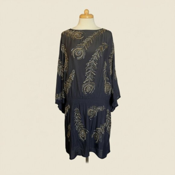 BoYod Black Hand Beaded Peacock Feather Dress S Boho Semi Sheer - Picture 1 of 16
